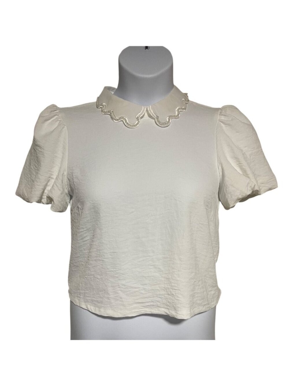 Monteau Los Angeles White Puff Sleeve Crop Top Womens L Peter Pan Collar